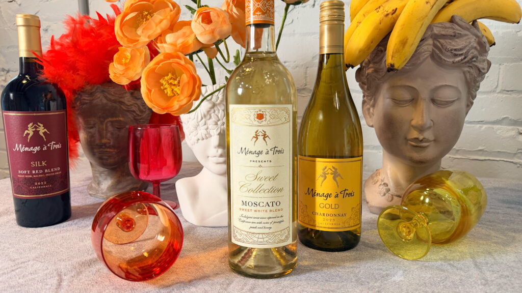 Ménage à Trois Silk, Moscato, and Gold Chardonnay on a party table